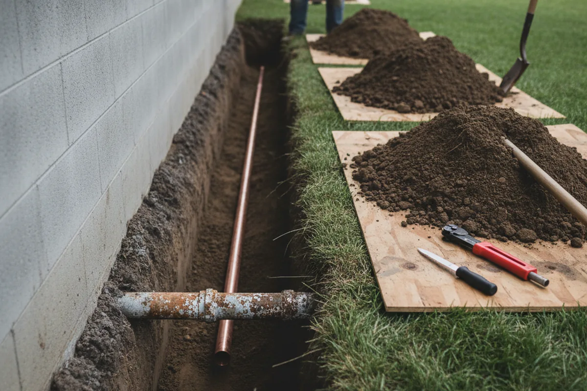 Excavated water line trench during Water Softener Installation in Bingham Canyon